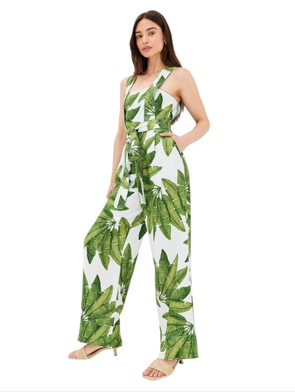 Farm Rio Palm Fan 100% Linen Green & White Wide Leg Jumpsuit. Size Small